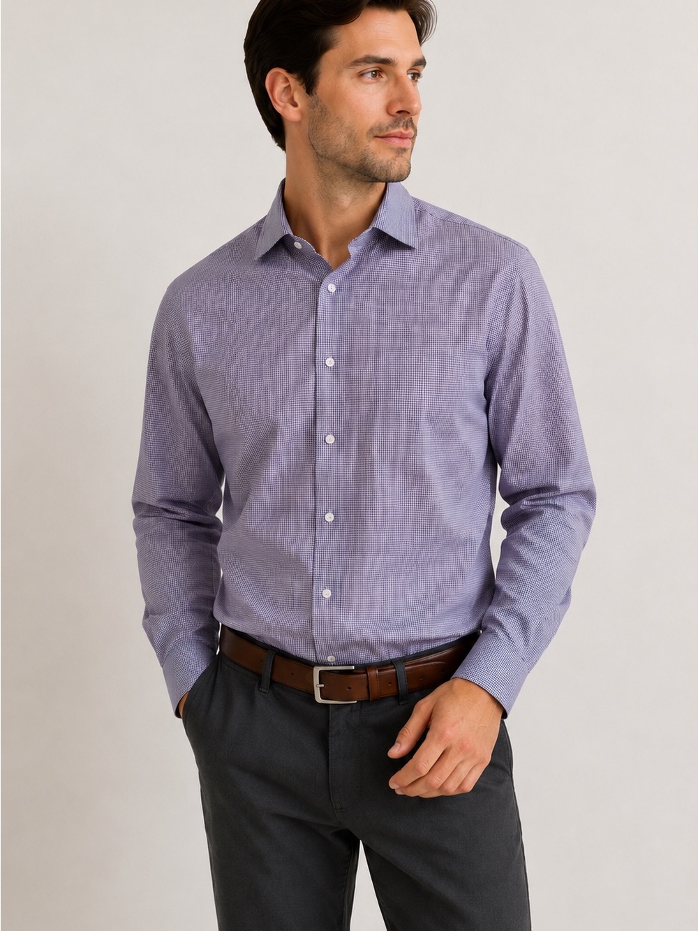 Banana Republic Men’s L Wrinkle Resistant Slim Fit Plaid Dress Shirt Purple Gray